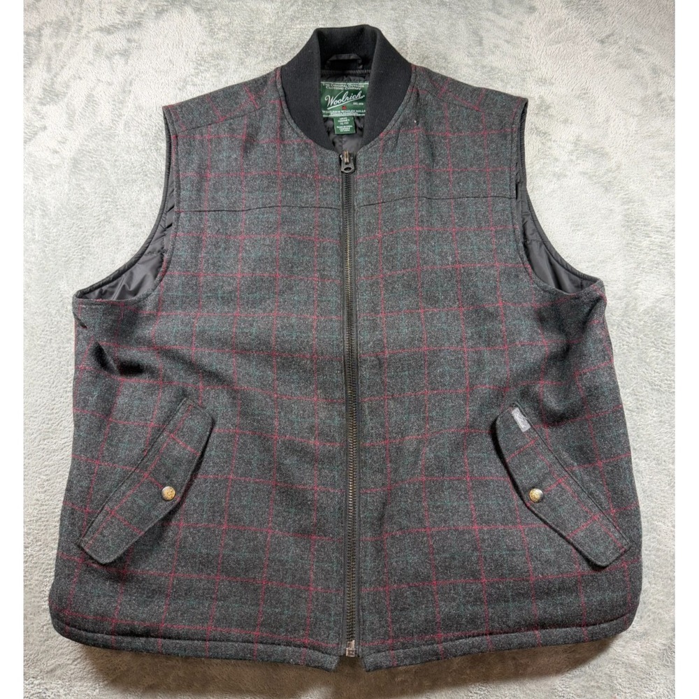 Woolrich Wool Blend Vest XL Gray Red Windowpane Zip Outdoor Hunting